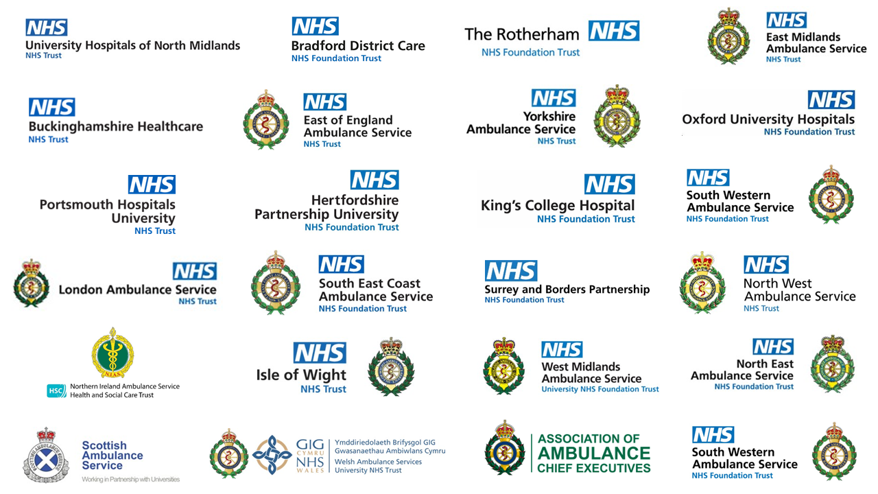 All of M8 Solutions client logos. NHS Ambulance and NHS Organisation Trusts
